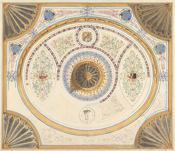 Design for Ceiling with Two Portraits and Fan Supports at Corners, 19th century