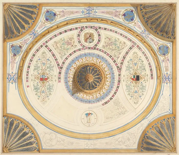 Framed Print : Design for Ceiling with Two Portraits and Fan Supports at Corners, 19th century Framed Print : Design for Ceiling with Two Portraits and Fan Supports at Corners, 19th century