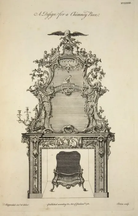 Framed Print : Design for a Chimney Piece, pub. 1761 (engraving). Creator: Thomas Chippendale