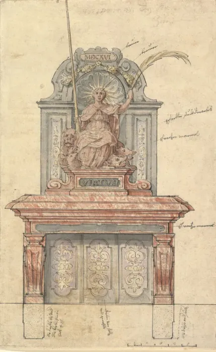 Framed Print : Design for a Chimneypiece with a Personification of Virtue, 1616. Creator: Anon Framed Print : Design for a Chimneypiece with a Personification of Virtue, 1616. Creator: Anon
