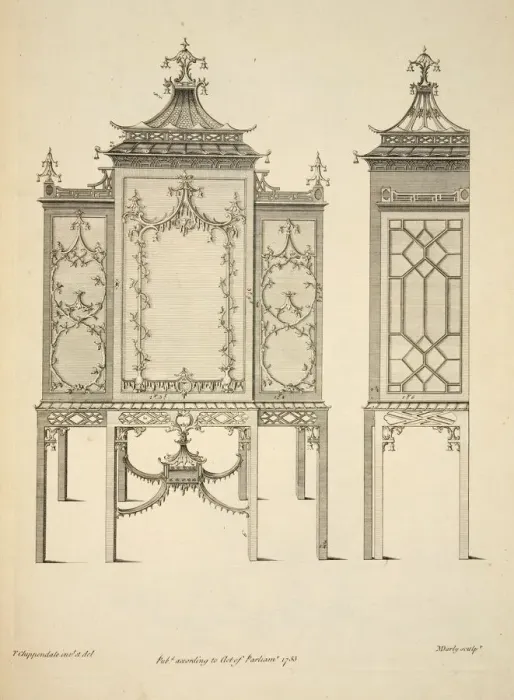 Framed Print : Design for a China Case, pub. 1753 (engraving). Creator: Thomas Chippendale (1718 - 1779) after Framed Print : Design for a China Case, pub. 1753 (engraving). Creator: Thomas Chippendale (1718 - 1779) after