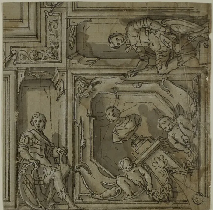 Framed Print : Design for Corner of a Ceiling Decoration, 1590 / 1614. Creator: Lazzaro Tavarone Framed Print : Design for Corner of a Ceiling Decoration, 1590 / 1614. Creator: Lazzaro Tavarone
