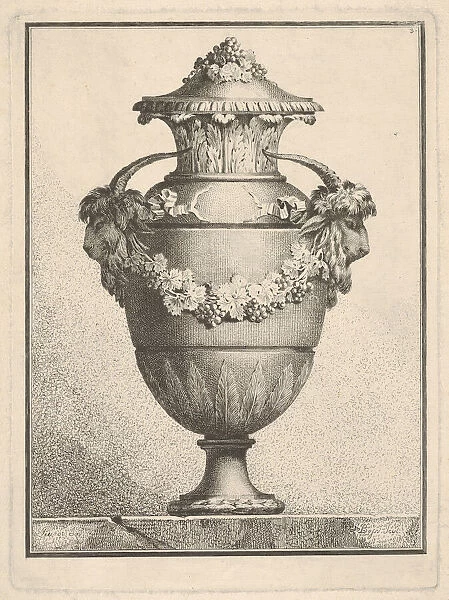 Design for a covered vase with two goat heads and a garland, 1764. Creator: Bossi