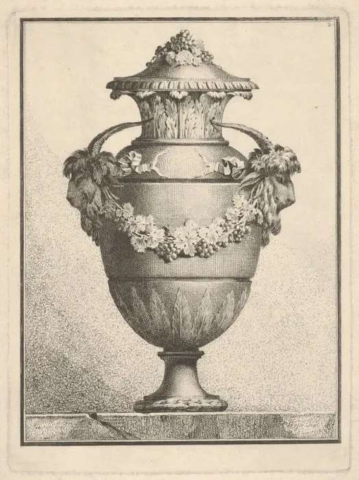 Framed Print : Design for a covered vase with two goat heads and a garland, 1764. Creator: Bossi Framed Print : Design for a covered vase with two goat heads and a garland, 1764. Creator: Bossi