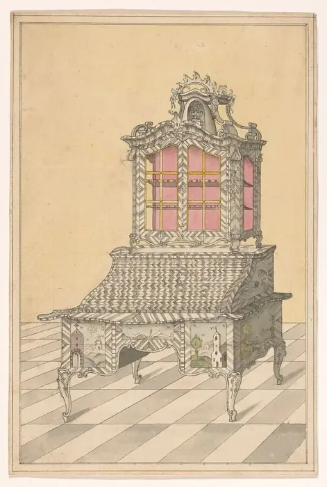 Framed Print : Design for a desk with a display up, decorated with marquetry of landscapes, c.1760-c.1770. Creator: Anon Framed Print : Design for a desk with a display up, decorated with marquetry of landscapes, c.1760-c.1770. Creator: Anon