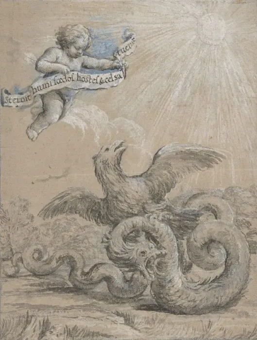 Framed Print : Design with an Eagle Fighting with a Serpent and a Putto in the Sky Holding