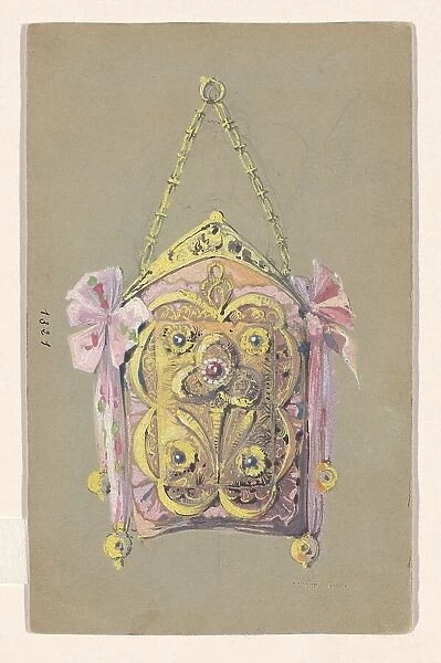 Design for an evening bag with a gilded silver bracket and tie ribbons, c.1905. Creator: Paul Louchet