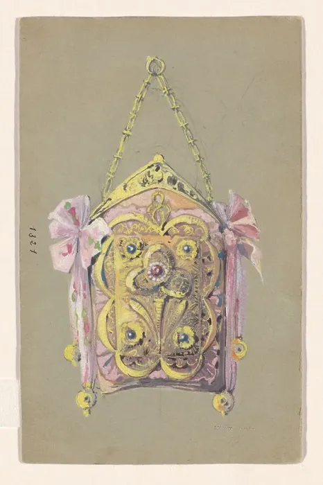 Framed Print : Design for an evening bag with a gilded silver bracket and tie ribbons, c.1905. Creator: Paul Louchet Framed Print : Design for an evening bag with a gilded silver bracket and tie ribbons, c.1905. Creator: Paul Louchet
