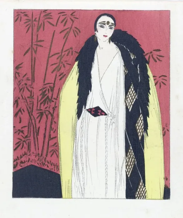 Framed Print : Design for an Evening dress with Fur Trimmed Cape, pub. 1924 (pochoir print). Creator Framed Print : Design for an Evening dress with Fur Trimmed Cape, pub. 1924 (pochoir print). Creator
