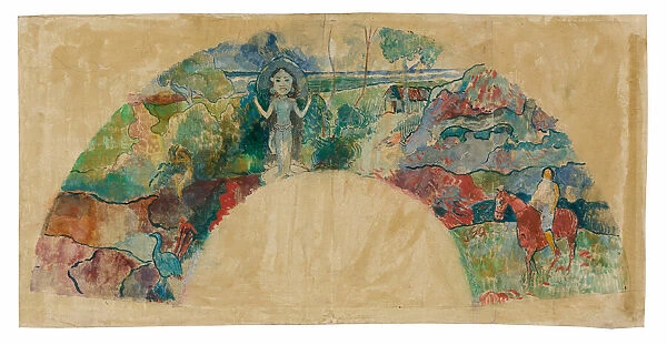 Design for a Fan Featuring a Landscape and a Statue of the Goddess Hina, 1900  /  03