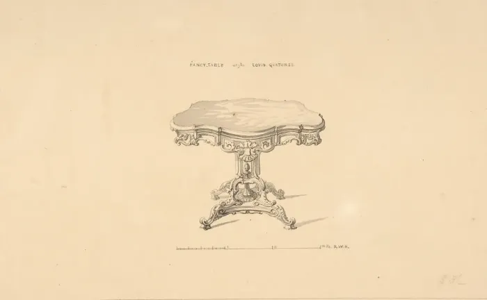 Framed Print : Design for a Fancy Table, Louis Quatorze Style, 1835-1900. Creator: Robert William Hume Framed Print : Design for a Fancy Table, Louis Quatorze Style, 1835-1900. Creator: Robert William Hume