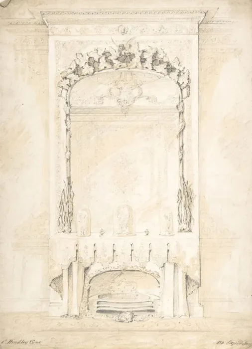 Framed Print : Design for a Fireplace and Mirror, 1841-84. Creator: Charles Hindley & Sons Framed Print : Design for a Fireplace and Mirror, 1841-84. Creator: Charles Hindley & Sons