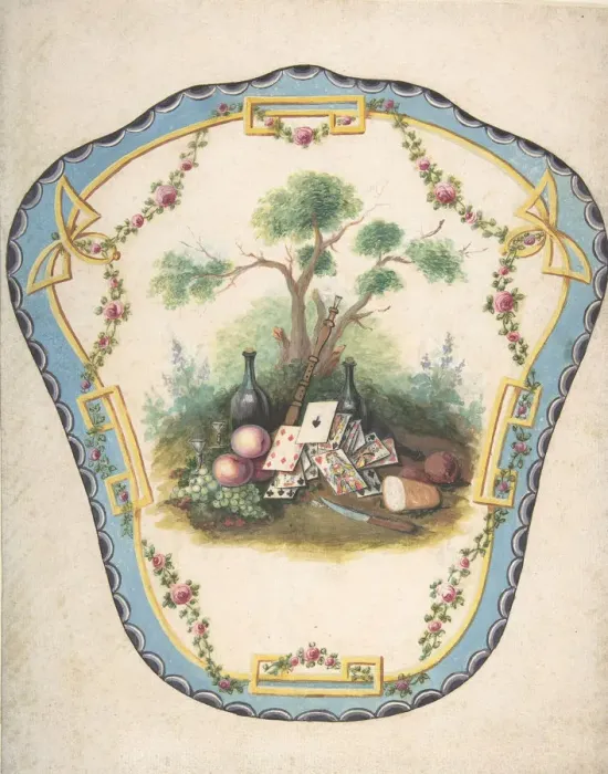 Framed Print : Design for a Firescreen with Picnic Scene and Playing Cards, Late 18th century