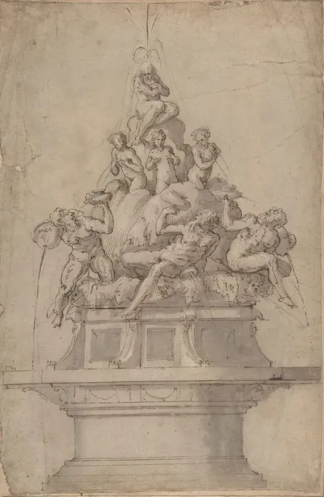 Framed Print : Design for a Fountain with Rivergods and Nymphs. 1511-74. Creator: Giorgio Vasari Framed Print : Design for a Fountain with Rivergods and Nymphs. 1511-74. Creator: Giorgio Vasari