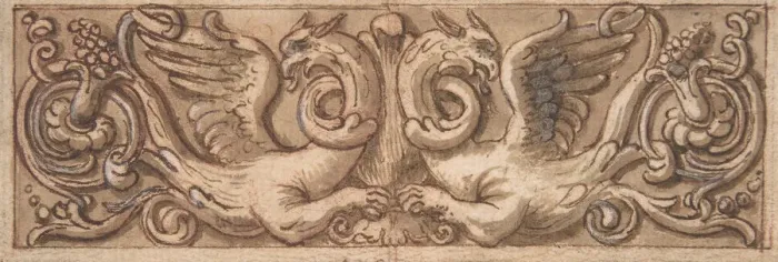 Framed Print : Design for a Frieze with Two Griffins, 1650-1700. Creator: Anon Framed Print : Design for a Frieze with Two Griffins, 1650-1700. Creator: Anon