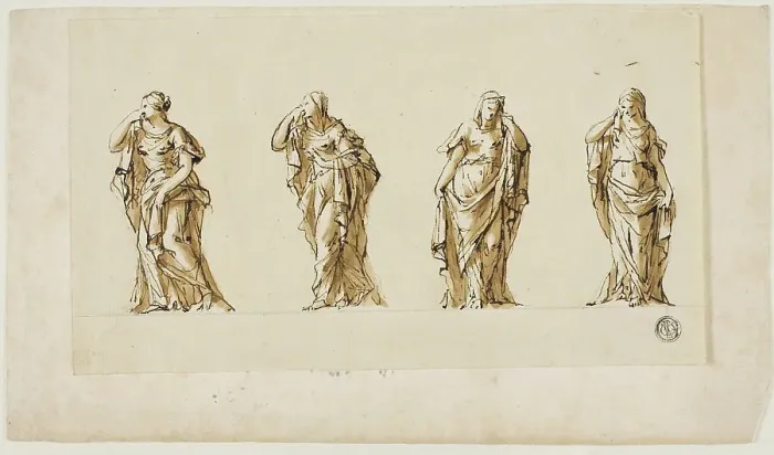 Framed Print : Design for a Funerary Monument: Four Draped Mourning Female Figures, n.d. Creators: John Michael Rysbrack, Sir James Thornhill Framed Print : Design for a Funerary Monument: Four Draped Mourning Female Figures, n.d. Creators: John Michael Rysbrack, Sir James Thornhill