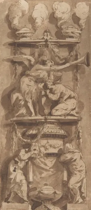 Framed Print : Design for a Funerary Monument or Epitaph with Mourning Figures, 18th century Framed Print : Design for a Funerary Monument or Epitaph with Mourning Figures, 18th century