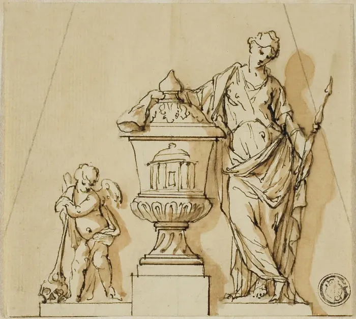 Framed Print : Design for a Funerary Monument with Fate, Putto, and Urn, n.d. Creators: John Michael Rysbrack, Sir James Thornhill Framed Print : Design for a Funerary Monument with Fate, Putto, and Urn, n.d. Creators: John Michael Rysbrack, Sir James Thornhill