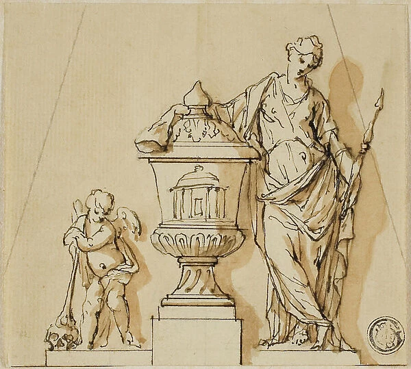 Design for a Funerary Monument with Fate, Putto, and Urn, n.d. Creators: John Michael Rysbrack, Sir James Thornhill