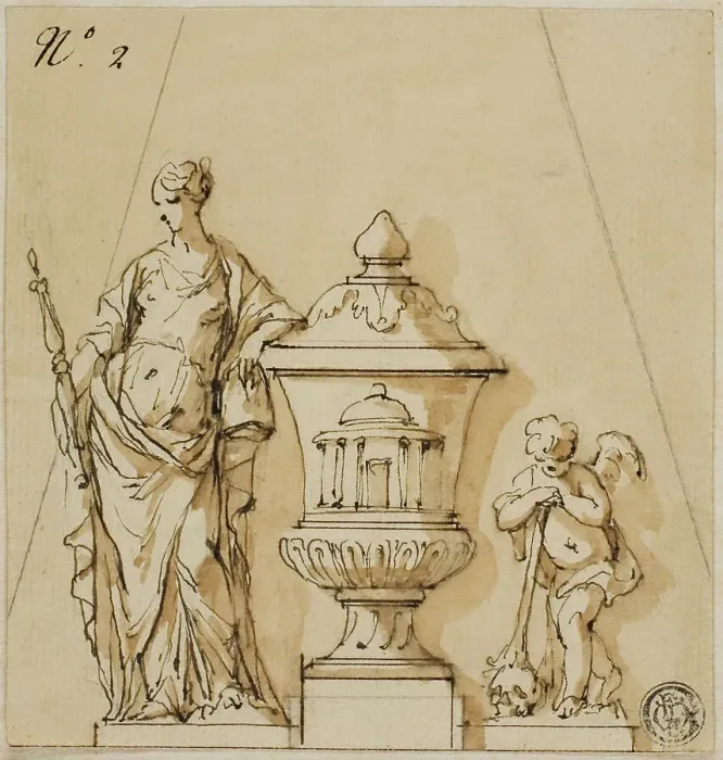 Framed Print : Design for a Funerary Monument with Fate, Urn, Putto, n.d. Creators: John Michael Rysbrack, Sir James Thornhill Framed Print : Design for a Funerary Monument with Fate, Urn, Putto, n.d. Creators: John Michael Rysbrack, Sir James Thornhill