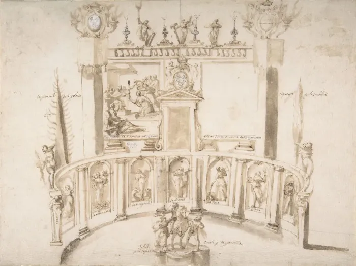 Framed Print : Design for a Garden Fete with a Semi-circular Wall and Statues in Niches. ca Framed Print : Design for a Garden Fete with a Semi-circular Wall and Statues in Niches. ca