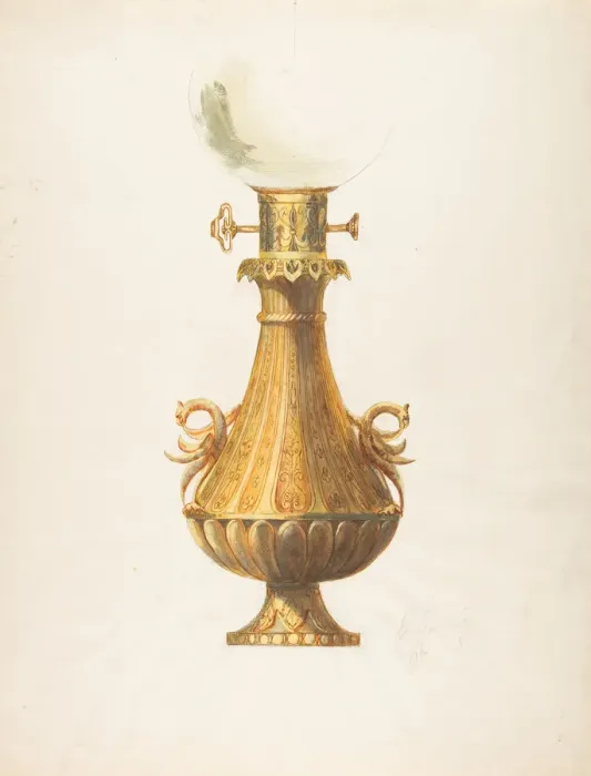 Framed Print : Design for a Gas Lamp with Gilt Base and Glass Globe, 19th century. Creator: Guerard Framed Print : Design for a Gas Lamp with Gilt Base and Glass Globe, 19th century. Creator: Guerard