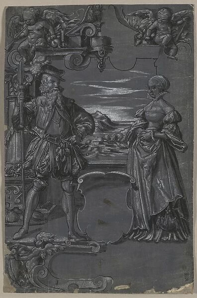 Design for Glass Painting: Man and Woman in Architectural Setting, second half 1500s