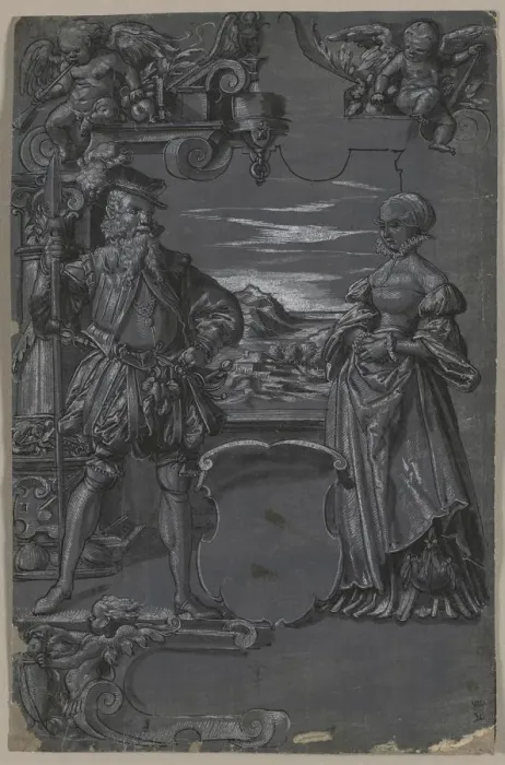 Framed Print : Design for Glass Painting: Man and Woman in Architectural Setting, second half 1500s Framed Print : Design for Glass Painting: Man and Woman in Architectural Setting, second half 1500s