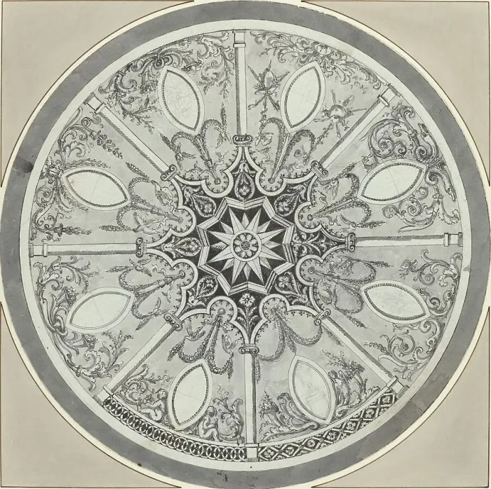Framed Print : Design for an Inlaid Circular Table Top, with Alternatives, c. 1800. Creator: Unknown Framed Print : Design for an Inlaid Circular Table Top, with Alternatives, c. 1800. Creator: Unknown