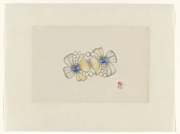 Framed Print : Design for jewel in the form of two stylized flowers, with gold and sapphire, c.1920-c.1930. Creator: Jules Chadel