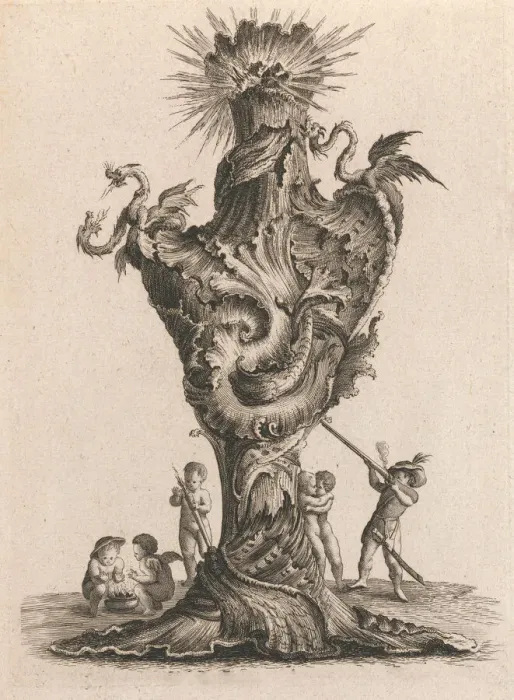 Framed Print : Design for a large Vase representing Fire, Plate 6 from: Neu inventierte Framed Print : Design for a large Vase representing Fire, Plate 6 from: Neu inventierte