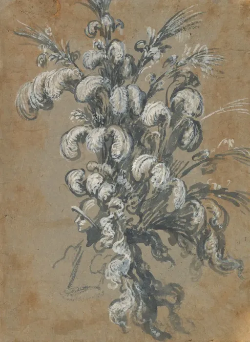 Framed Print : Design for a Lavish Headdress with Feathers on a Helmet, ca. 1620-56 Framed Print : Design for a Lavish Headdress with Feathers on a Helmet, ca. 1620-56