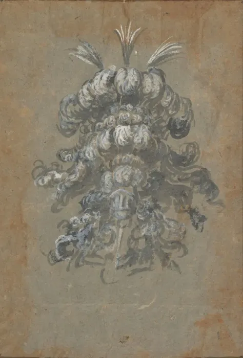 Framed Print : Design for a Lavish Headdress with Feathers on a Helmet (frontal view), ca. 1620-56 Framed Print : Design for a Lavish Headdress with Feathers on a Helmet (frontal view), ca. 1620-56