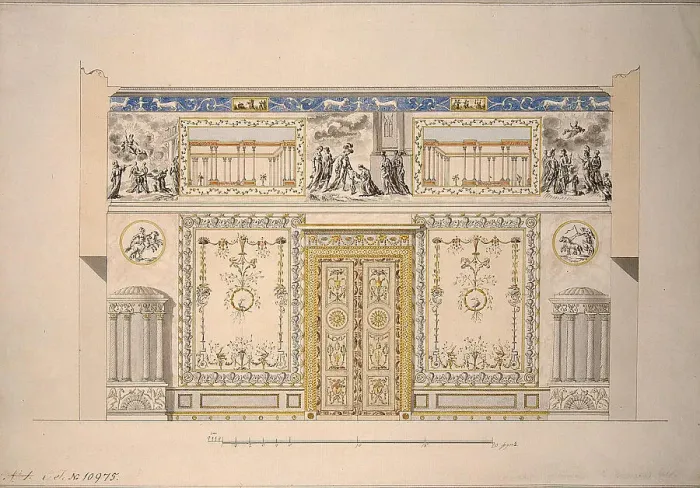 Framed Print : Design for the Lyons Hall (Yellow Drawing-Room) in the Great Palace of Tsarskoye Selo, Early 1780s. Artist: Cameron, Charles (ca. 1730 / 40-1812) Framed Print : Design for the Lyons Hall (Yellow Drawing-Room) in the Great Palace of Tsarskoye Selo, Early 1780s. Artist: Cameron, Charles (ca. 1730 / 40-1812)