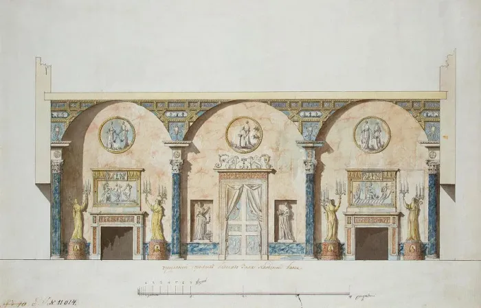 Framed Print : Design for the main hall in the Agate Pavilion at Tsarskoye Selo, Early 1780s. Artist: Cameron, Charles (ca. 1730 / 40-1812) Framed Print : Design for the main hall in the Agate Pavilion at Tsarskoye Selo, Early 1780s. Artist: Cameron, Charles (ca. 1730 / 40-1812)