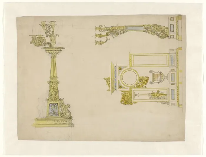 Framed Print : Design for a mantel clock and two candelabra, c.1825-c.1835. Creator: Adrien Louis Marie Cavelier Framed Print : Design for a mantel clock and two candelabra, c.1825-c.1835. Creator: Adrien Louis Marie Cavelier