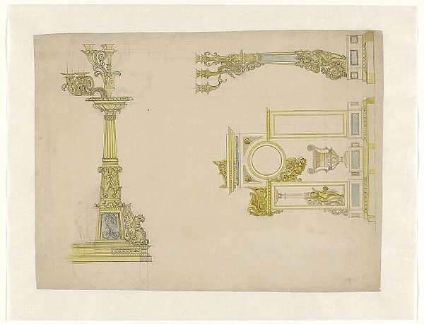 Design for a mantel clock and two candelabra, c.1825-c.1835. Creator: Adrien Louis Marie Cavelier