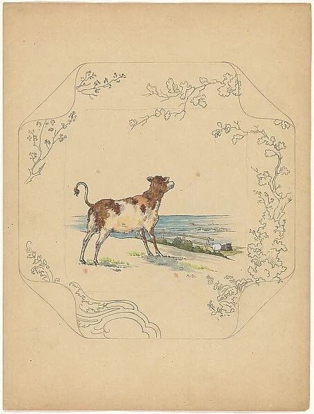 Design for model square board with cow by the sea, c.1875-c.1880. Creator: Albert Louis Dammouse