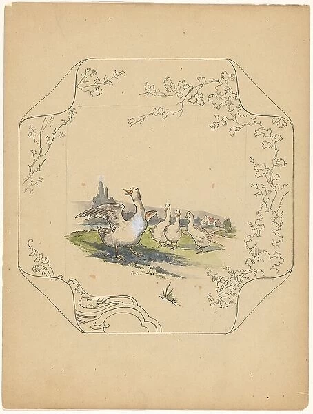 Design for model square board with four geese, c.1875-c.1880. Creator: Albert Louis Dammouse