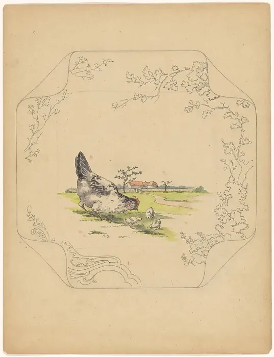 Framed Print : Design for model square board with a hen and three chicks, c.1875-c.1880. Creator: Albert Louis Dammouse
