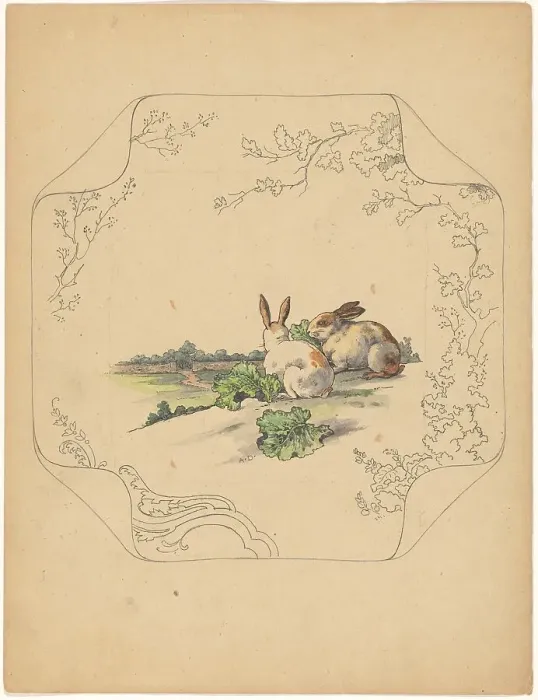Framed Print : Design for model square board with two rabbits, c.1875-c.1880. Creator: Albert Louis Dammouse