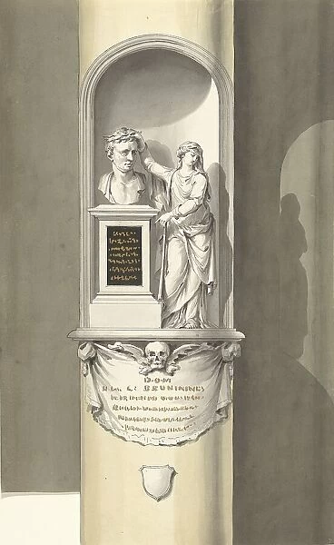 Design for a monument for C. Brunings: a bust in a niche with Fama, 1806. Creator: Bartholomeus Ziesenis