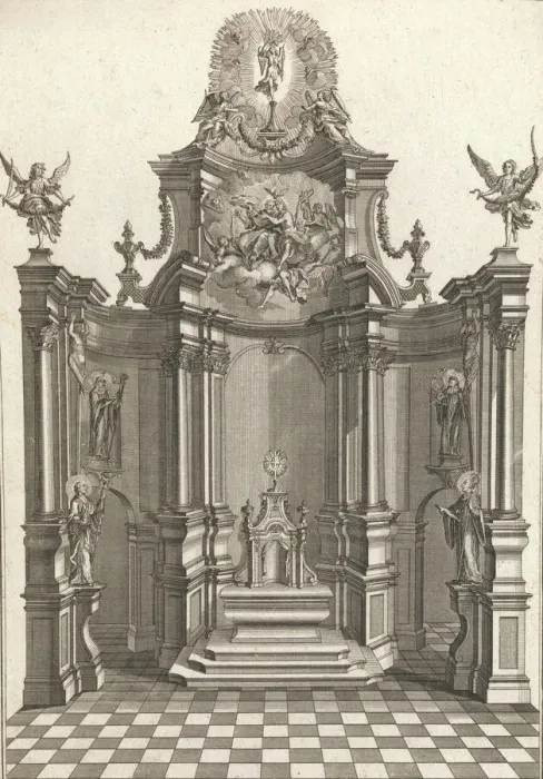Framed Print : Design for a Monumental Altar, Plate e from Unterschiedliche Neu Inventier... Printed ca. 1750-56. Creator: Johann Michael Leüchte Framed Print : Design for a Monumental Altar, Plate e from Unterschiedliche Neu Inventier... Printed ca. 1750-56. Creator: Johann Michael Leüchte