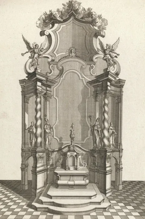 Framed Print : Design for a Monumental Altar, Plate f from Unterschiedliche Neu Inventier... Printed ca. 1750-56. Creator: Johann Michael Leüchte Framed Print : Design for a Monumental Altar, Plate f from Unterschiedliche Neu Inventier... Printed ca. 1750-56. Creator: Johann Michael Leüchte