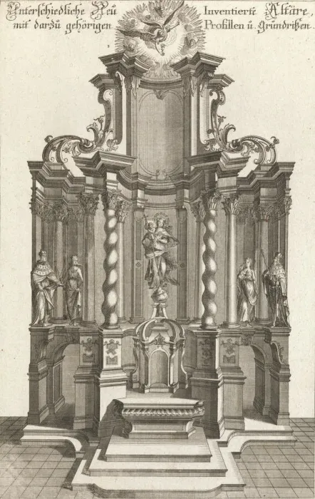 Framed Print : Design for a Monumental Altar, Plate g from Unterschiedliche Neu Inventier... Printed ca. 1750-56. Creator: Johann Michael Leüchte Framed Print : Design for a Monumental Altar, Plate g from Unterschiedliche Neu Inventier... Printed ca. 1750-56. Creator: Johann Michael Leüchte