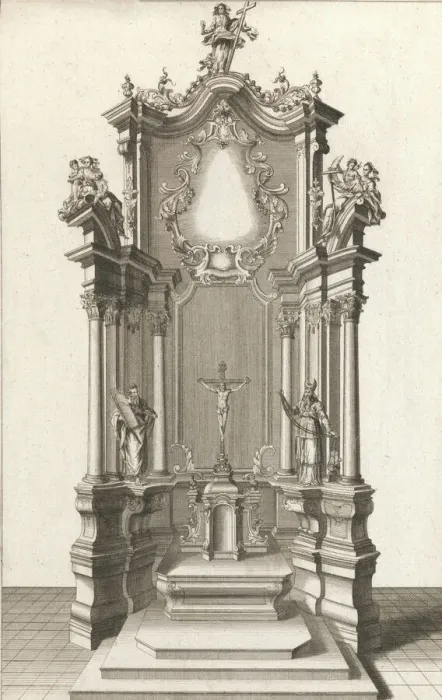 Framed Print : Design for a Monumental Altar, Plate h from Unterschiedliche Neu Inventier... Printed ca. 1750-56. Creator: Johann Michael Leüchte Framed Print : Design for a Monumental Altar, Plate h from Unterschiedliche Neu Inventier... Printed ca. 1750-56. Creator: Johann Michael Leüchte