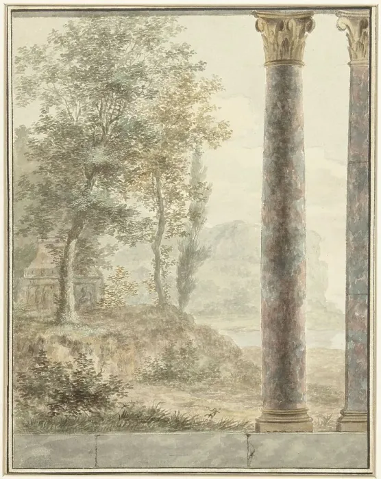 Framed Print : Design for mural with landscape and fragment of antique building, 1700-1800. Creator: Anon Framed Print : Design for mural with landscape and fragment of antique building, 1700-1800. Creator: Anon