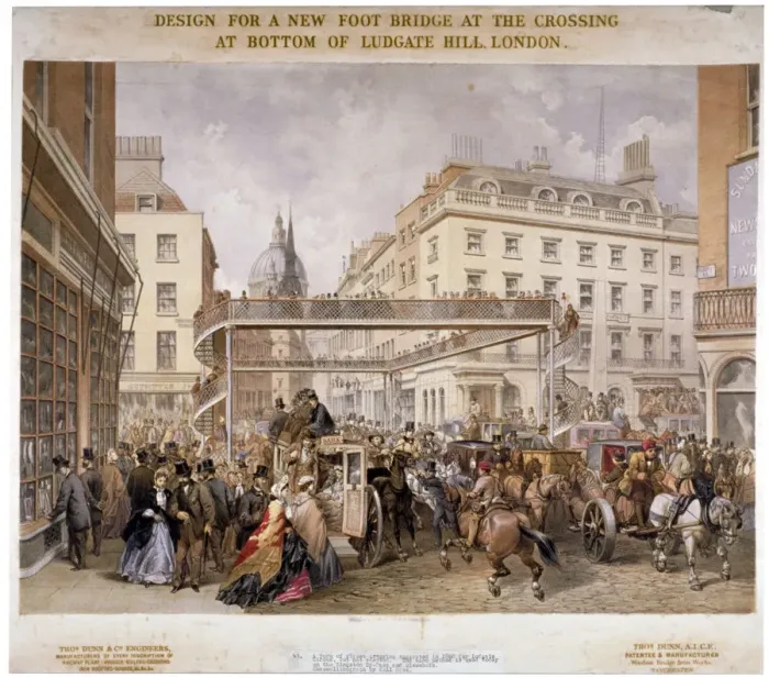 Framed Print : Design for a new footbridge at the crossing Ludgate Hill and Fleet Street, City of London, 1862 Framed Print : Design for a new footbridge at the crossing Ludgate Hill and Fleet Street, City of London, 1862