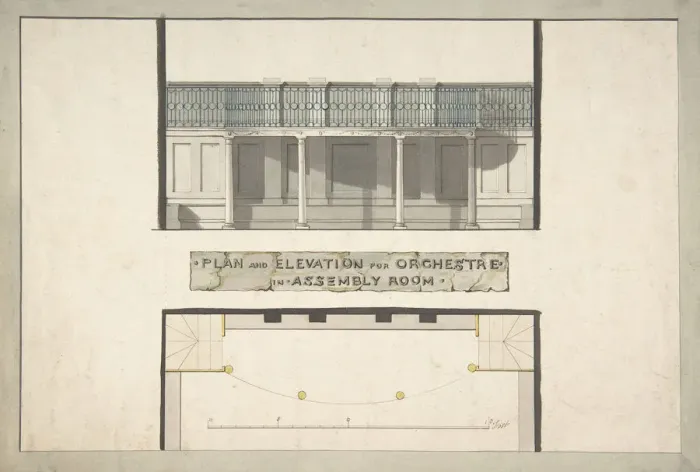 Framed Print : Design for an Orchestra Gallery in an Assembly Room, Plan and Elevation, ca. 1800 Framed Print : Design for an Orchestra Gallery in an Assembly Room, Plan and Elevation, ca. 1800