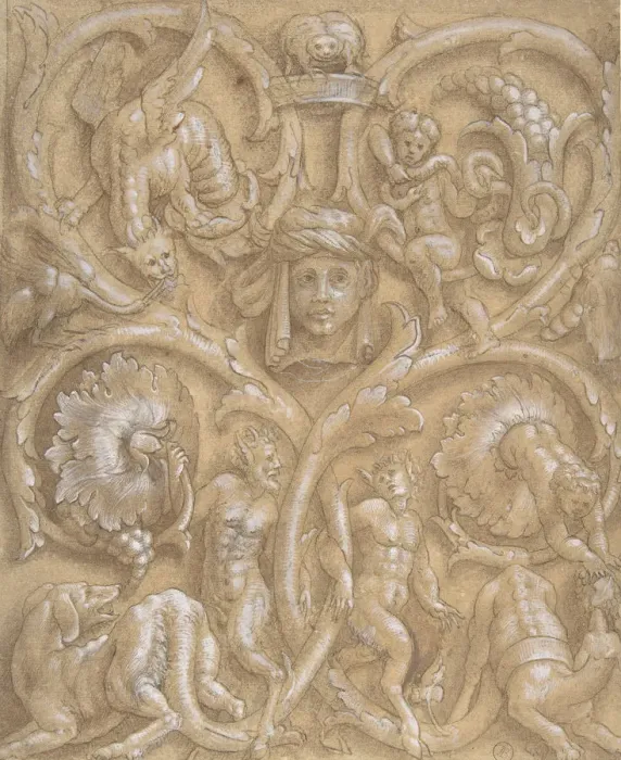 Framed Print : Design for an Ornamental Panel with Rinceaux, Satyrs, Putti, Monsters and a Human Head Framed Print : Design for an Ornamental Panel with Rinceaux, Satyrs, Putti, Monsters and a Human Head
